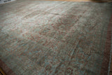 Textured distressed Mahal rug pile, revealing dusty mauve and slate grey-blue Herati vinery.