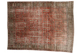 Distressed vintage Khoy carpet, cinnabar red, faded garden of paradise tree-of-life design, 8x10.5.