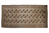 Vintage distressed Ersari runner featuring geometric brown guls and main diamond-checkered border, 7'6