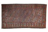 Distressed vintage Belouch rug with faded terracotta and blue geometric lattice pattern, 3'4