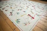 Vibrant pictorial dragonflies on Pakistani Mixed Weave Kilim, highlighting plain weave texture and selvage.