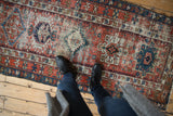 Antique Karaja runner's brick red, indigo, ivory medallions, layered patterns, and storied wear.