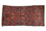 Vintage Borchalou runner with brick red field, oversized geometric blossoms, and dragon border, 3'5