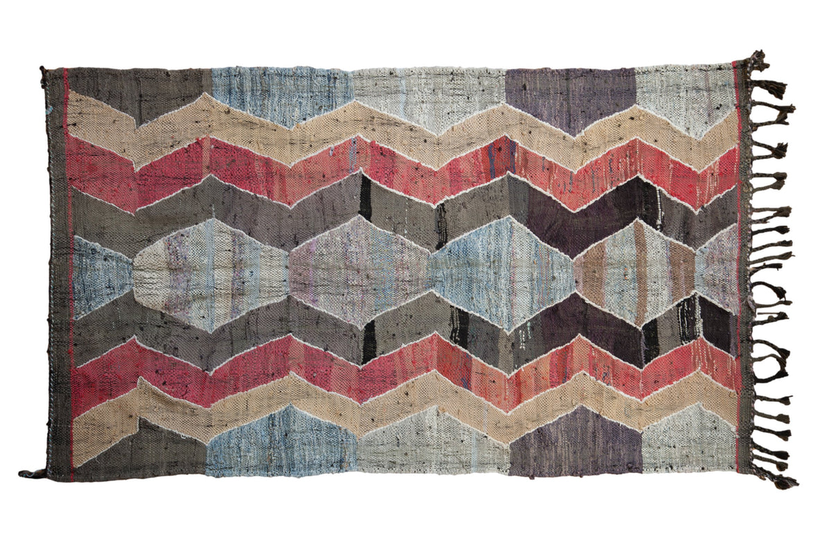 Colorful distressed Turkish rag rug with abstract chevron and diamond motif, 4'2" x 7'1".