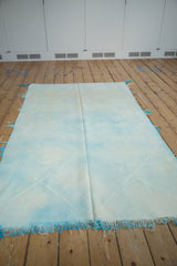 Hand-woven Vintage Turkish Kilim rug with powder blue, ivory diamond lattice design.