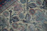 Vintage Afshar rug's worn pile, showing foundation and geometric finned birds in blue and red.