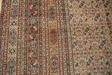 Intricate striped borders with blush and seafoam green next to the Herati field of an antique Doroksh carpet.