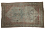 Antique Distressed Overdyed Bijar carpet, powder blue field, faded terracotta medallion, Herati corners.