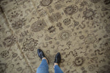 Vintage Egyptian Agra rug, all-over field of lotus flowers and cloudbands in beige and chocolate.