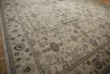 Original side cord selvage and intricate beige, silver, and chocolate floral patterns.