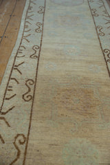 Khotan design rug border with brown scrolling ram's horn, muted mint medallions on distressed beige.