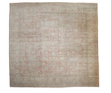 Vintage distressed Sparta square carpet with faded dusty rose, ivory, and silver floral pattern, 15x16.