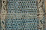 Staggered chocolate brown botehs on distressed pale blue field, meeting geometric Serbend border.