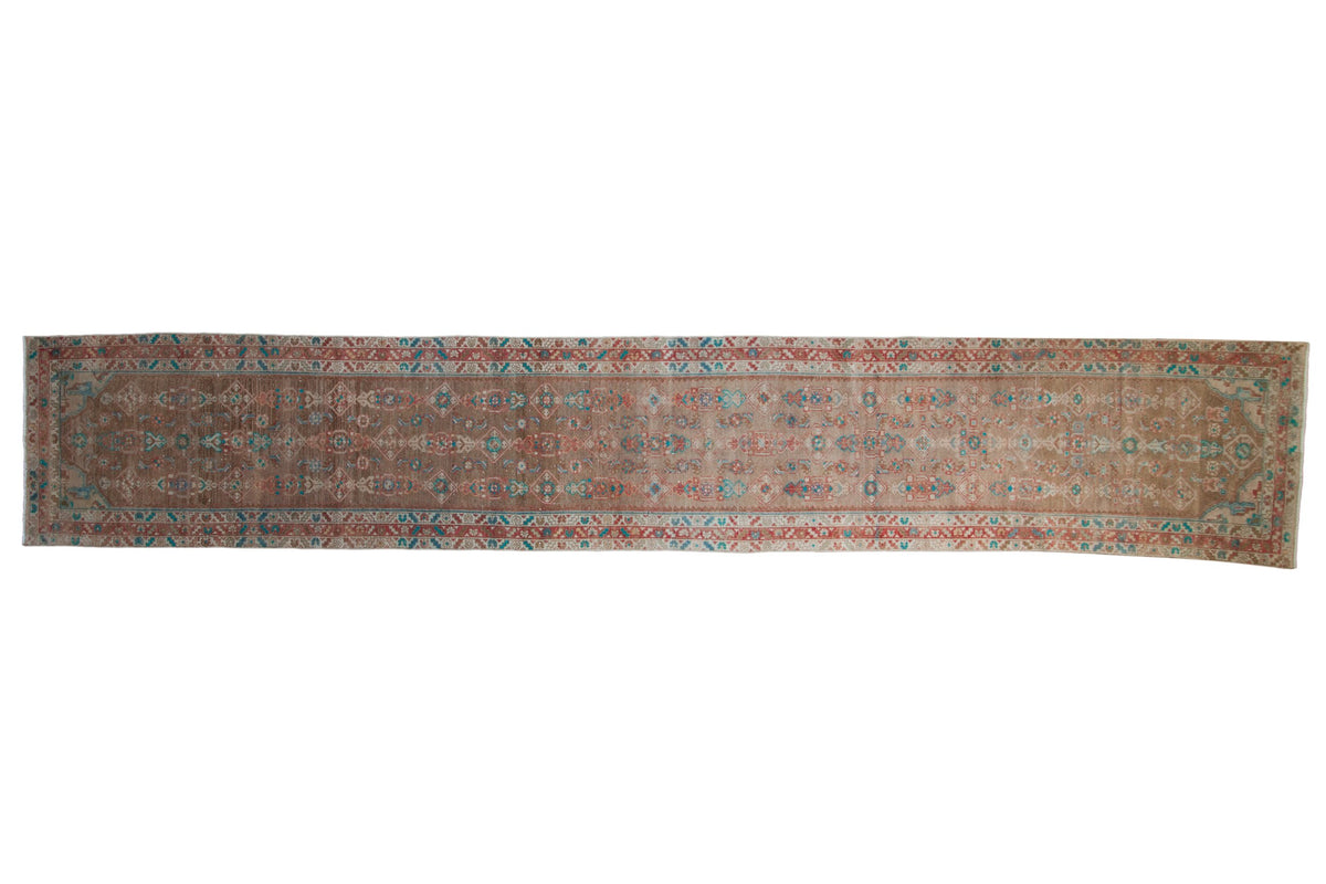 Vintage distressed Persian Hamadan runner with an allover Herati design in muted coffee, cinnabar, and turquoise.
