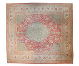 Vintage Oushak square carpet, oversize floral medallion, cinnabar, seafoam, ivory, 16'3