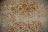Vintage Amritsar carpet: Herati pattern in beige, terra cotta, teal, with wear showing foundation.