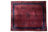 Dusty raspberry red Vintage Nichols Art Deco carpet with indigo blue floral border.
