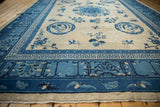 Intricate blue Greek key and flying bat border on this antique Ningxia carpet.