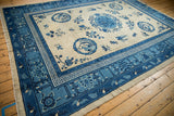 Blue flying bat, lotus, and cloud band motifs on the antique Ningxia carpet border.