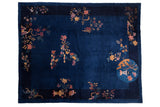 Vintage Chinese Nichols Art Deco carpet, deep blue pictorial landscape with colorful blossoms.
