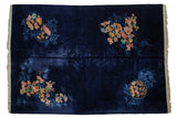 Nichols Art Deco hand knotted carpet, navy blue, roundel florals, bamboo, 9'9