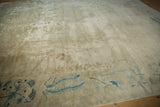 Textured distressed pile of antique Peking rug border showing blue vine and feather motifs.