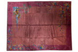 Vintage Chinese Nichols Art Deco carpet in dusty mauve with pictorial landscape and floral sprays.