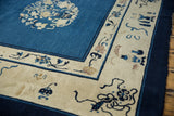 Antique Peking carpet's ivory main border with blue vinery and Taoist motifs.