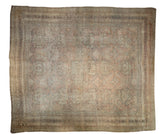 Distressed vintage Oushak square carpet, faded allover floral design in dusty rose and antique ivory.