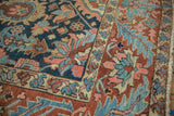 Antique Gorevan carpet corner, dense geometric floral vinery in cobalt blue, brick red, blush.