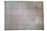 Vintage distressed Persian Meshed carpet, pink and seafoam green medallion, 9'7