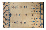 Antique Chinese Ningxia pillar carpet, beige field with blue, peach, brown cloud and plant motifs.