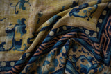 Antique Ningxia rug detail: saffron field, cobalt floral motifs, and aged, textured pile.