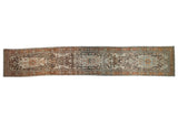 Distressed Malayer runner rug with medallions, animals, Herati motifs, in softened rust, charcoal, ivory, and blue.