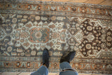 Distressed Vintage Malayer rug runner: ornate medallions, botehs, animal motifs in rust, ivory, charcoal.