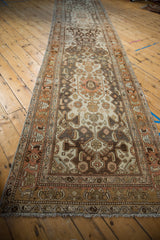 Distressed vintage Malayer runner border with intricate geometric patterns and faded tones.