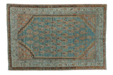 Vintage distressed Serbend rug with abrashed dusty ocean blue and pale copper repeating boteh motifs, 4'3
