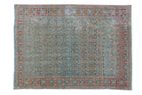 Distressed vintage Malayer rug with faded powder blue Herati and soft brick red floral border, 3'6