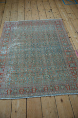Distressed Malayer rug close-up: Abrashed powder blue field with Herati pattern and soft brick red border.