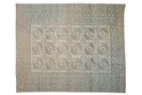 Vintage distressed Ersari carpet, cream field, triple dusty teal geometric gul medallions, 7'11