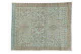 Distressed Karaja rug, geometric medallions, sand, beige, powder blue tones. 3'4