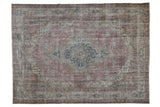 Distressed overdyed Turkish Sparta carpet, faded medallion, floral design.