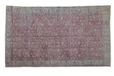 Vintage Distressed Overdyed Sparta carpet with faded cochineal red floral vinery and pale seafoam green border.