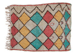 Vintage Moroccan rug, ivory field, saffron, pink, turquoise harlequin diamonds, zigzag top.