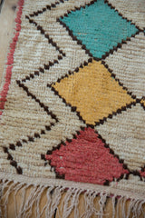Hand-knotted pile detail of a Moroccan rug, showing turquoise, yellow, pink diamonds and fringe.