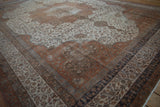 Distressed Sivas carpet corner with worn floral vinery, ivory, and chestnut rust borders.