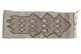 Vintage Moroccan runner rug, shaggy pile, primitive brown medallion on ivory, 2'4