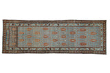 Vintage distressed Malayer runner with allover rust boteh design on dusty blue, 3'3