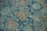 Distressed wool pile texture with sapphire blue, terracotta, and gold floral palmettes.