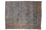 Distressed Vintage Mahal carpet with multi-medallion floral lattice in dusty blue, red, ivory.